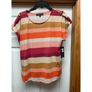 Vintage Rose Womens Striped Top Large Short Sleeve Multicolor Blouse Casual